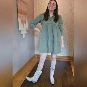 American Rag Army Green 3/4 Sleeve Babydoll Dress, Size Medium